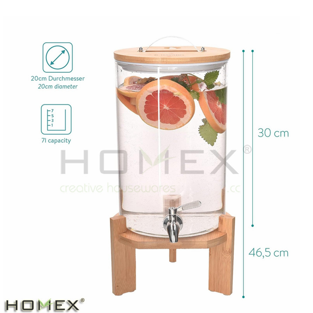 7 Liter Bamboo Stand Glass Hot Cold Soft Drink Juice Water Beverage Dispenser for Parties