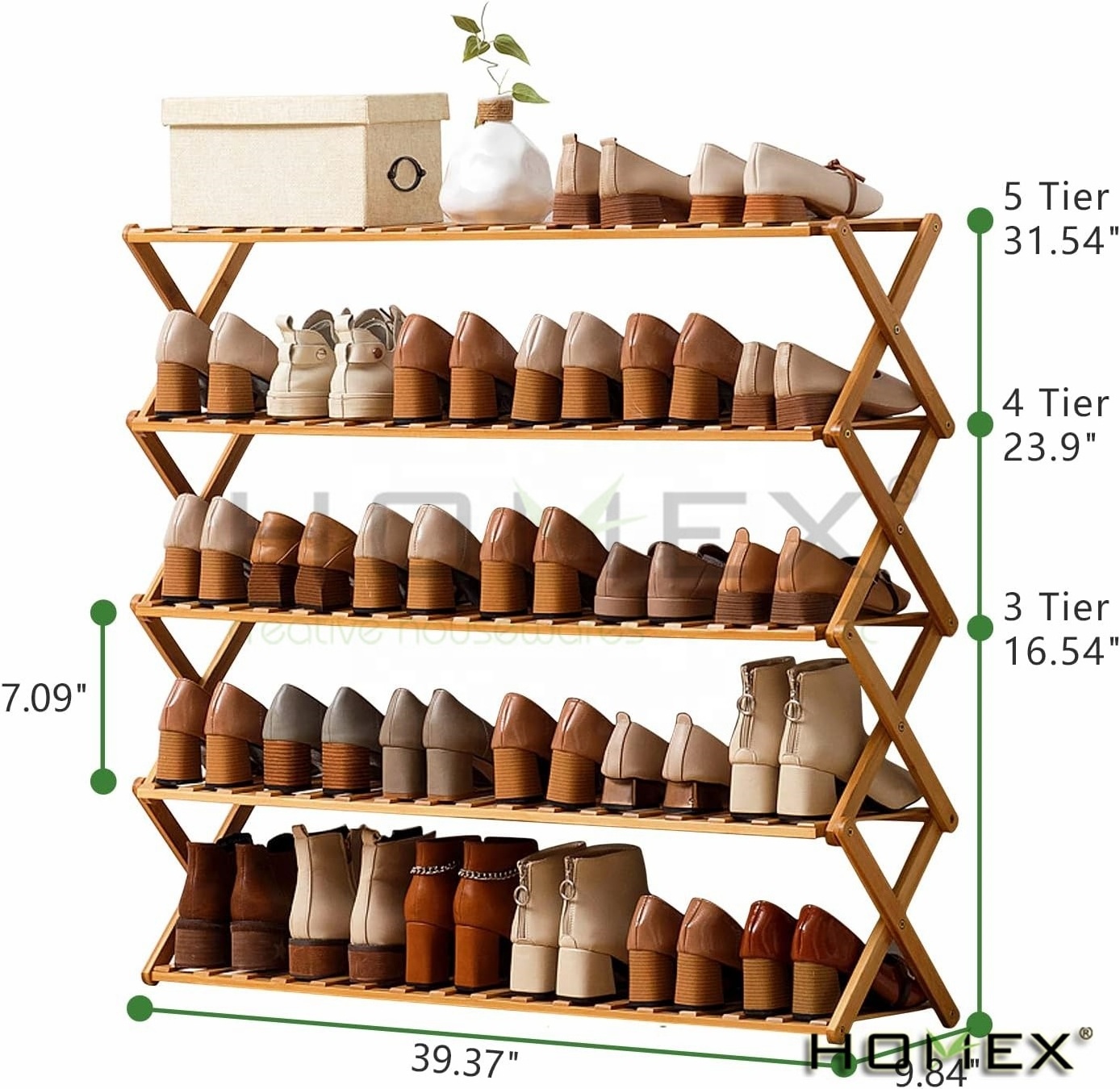 Free Standing Foldable  5 Tier Shoe Racks for Closet Shoe Shelf Bamboo Shoe Rack for Bedroom, Entryway Hallway