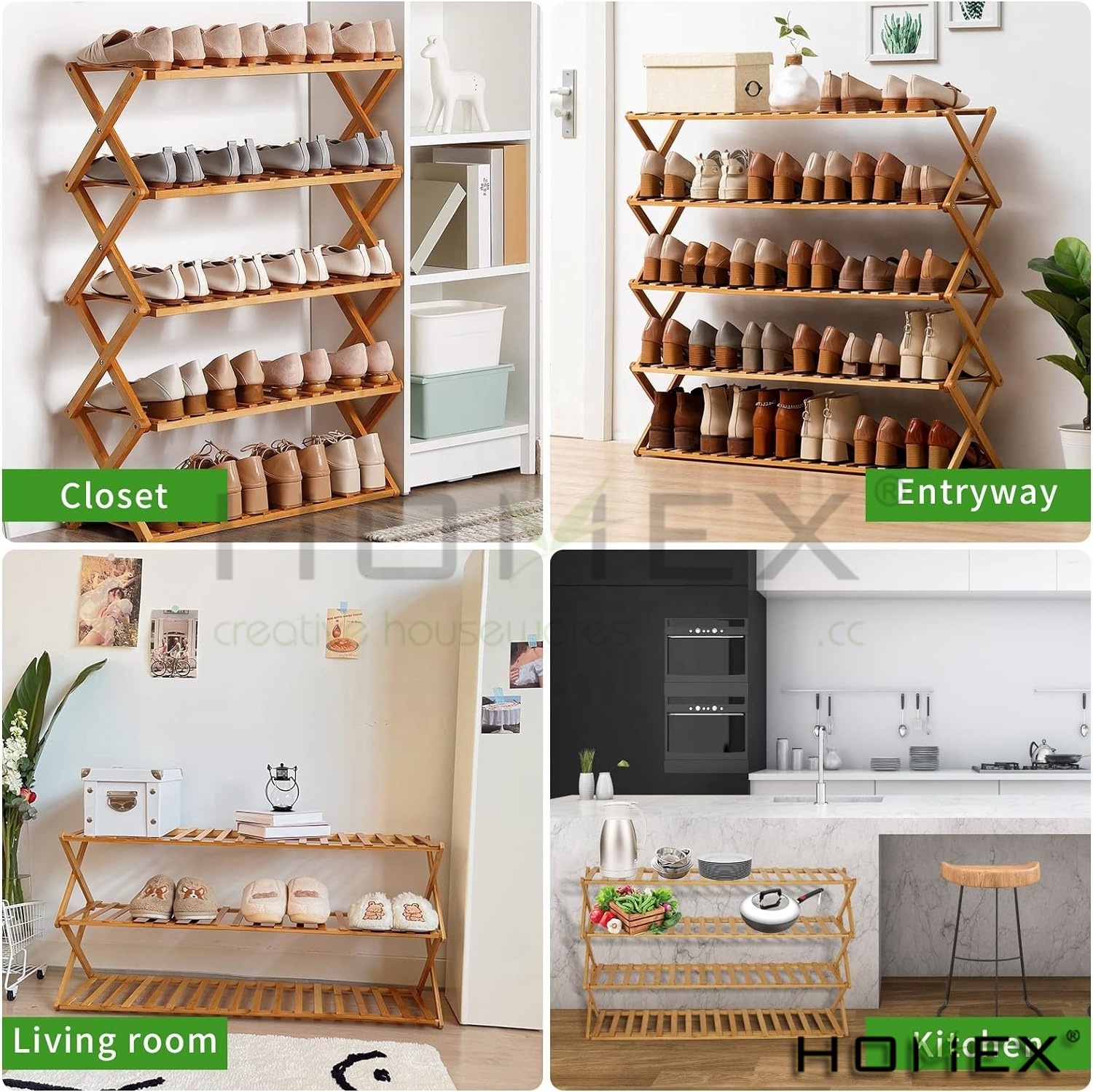 Free Standing Foldable  5 Tier Shoe Racks for Closet Shoe Shelf Bamboo Shoe Rack for Bedroom, Entryway Hallway