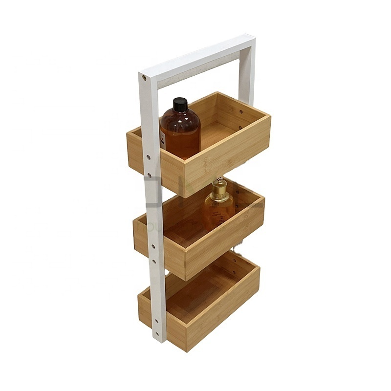 Bamboo Hanging Shower Caddy Wood 2 Level Storage Organizer Waterproof Over The Shower Head Caddy