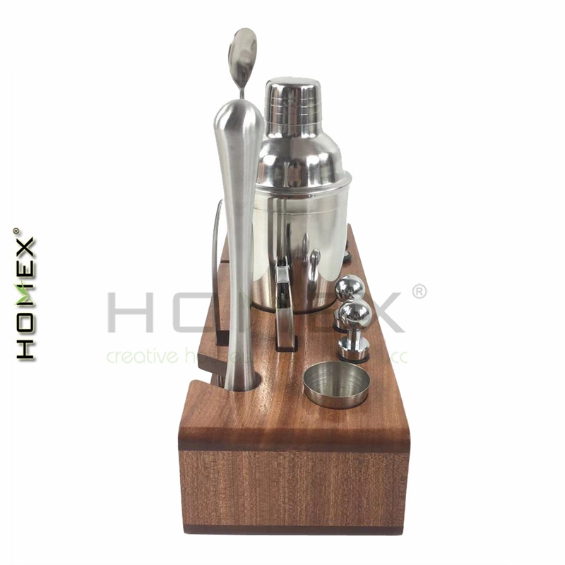 Bartender kit with stand--bar set cocktail tool kit-bartender kit stainless steel&shabili wood base stand