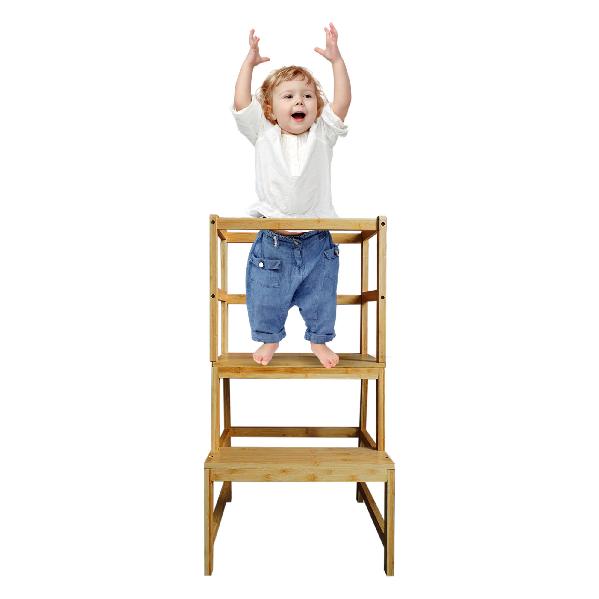 Adjustable Height Safety Bamboo Montessori Kids Learning Tower Toddler Stool Kitchen Step Helper Tower