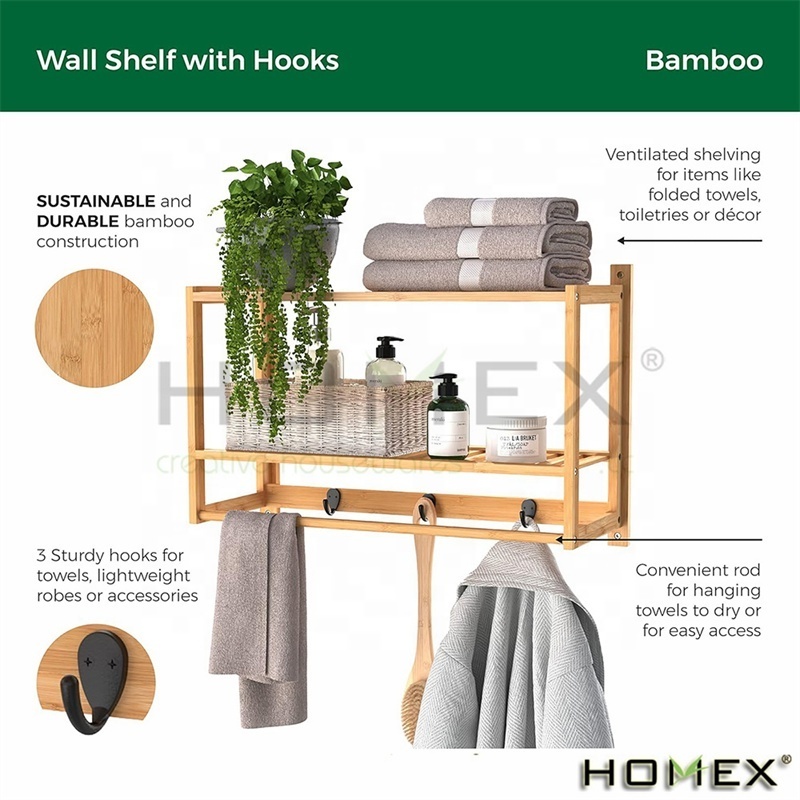 Bamboo Wall Shelf with Towel Bar 3 Hooks Wall Mount Storage Shelves 2 Tier Rack for Bathroom