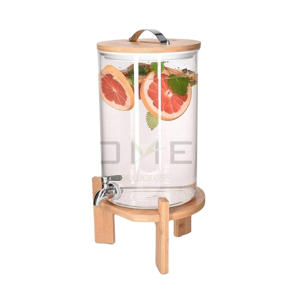 7 Liter Bamboo Stand Glass Hot Cold Soft Drink Juice Water Beverage Dispenser for Parties