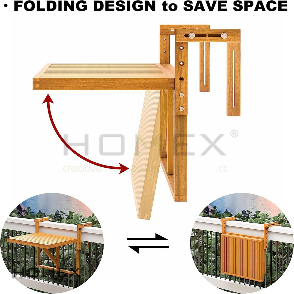 Folding Adjustable Balcony Table Outdoor Wood Bar Table Hanging Railing Deck Table