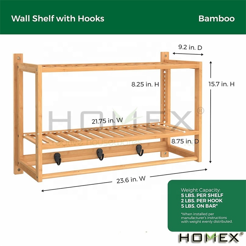 Bamboo Wall Shelf with Towel Bar 3 Hooks Wall Mount Storage Shelves 2 Tier Rack for Bathroom