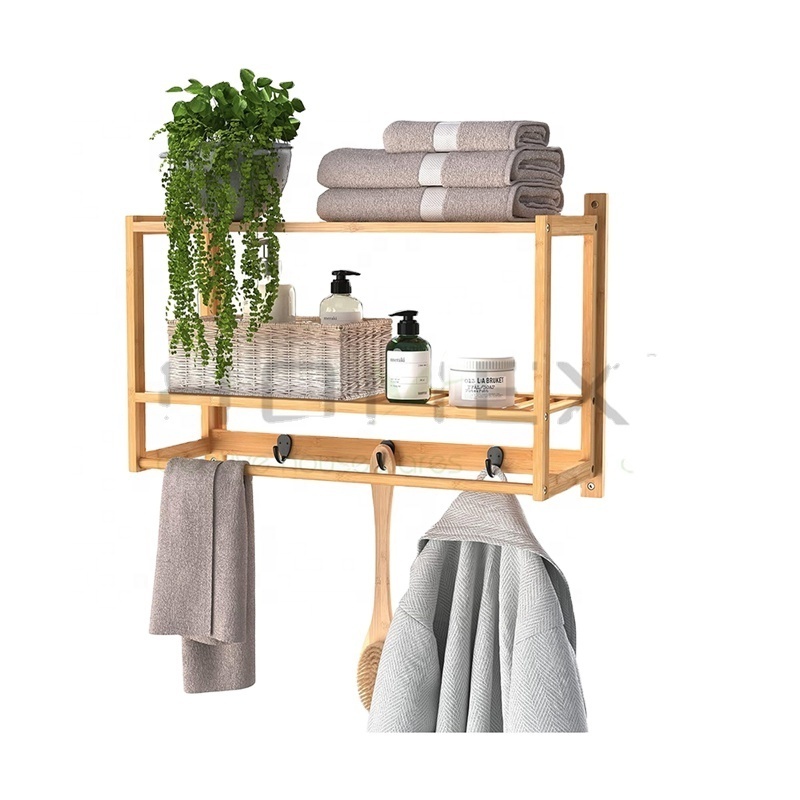 Bamboo Wall Shelf with Towel Bar 3 Hooks Wall Mount Storage Shelves 2 Tier Rack for Bathroom