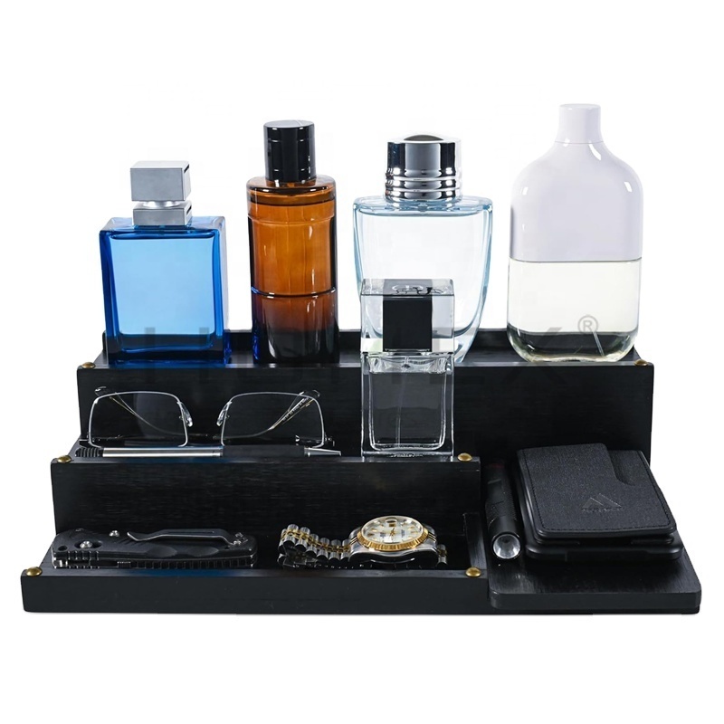 Bamboo Black Cologne Stand Organizer Bamboo 4 Tier Cologne Display Shelf with 2 Hidden Compartments Perfume Holder