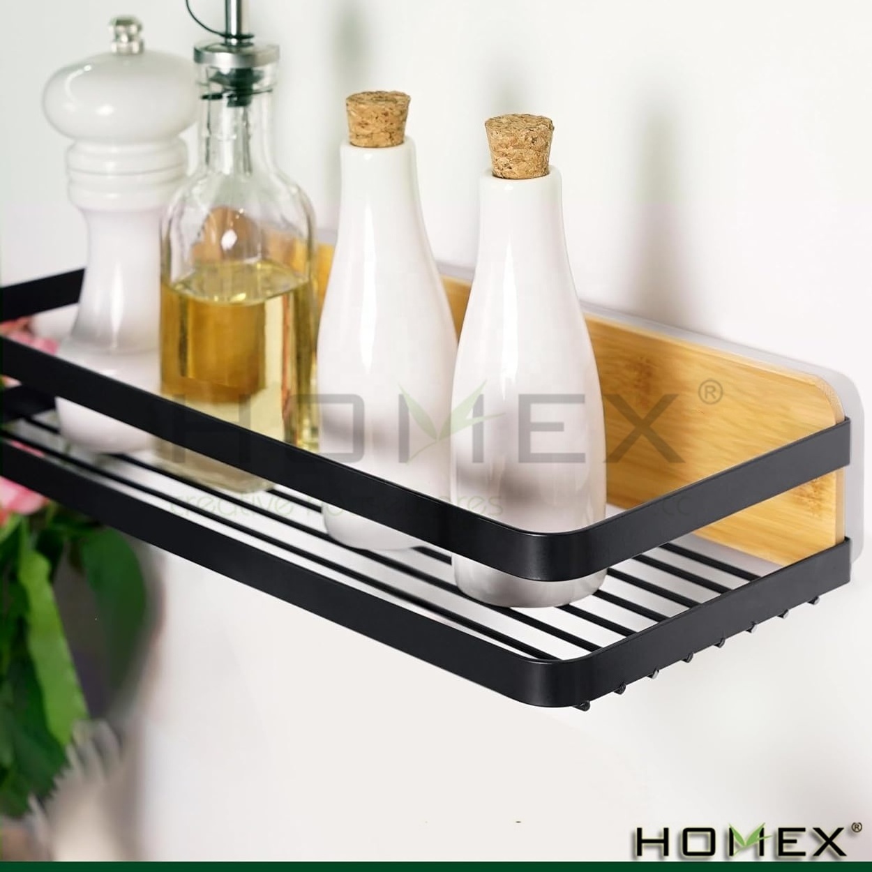 Bamboo and Metal Bathroom Shower Caddy Organizer Self Adhesive Over The Toilet Storage Shower Shelves Shower Storage Rack