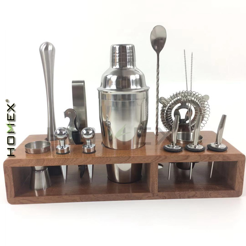 Bartender kit with stand--bar set cocktail tool kit-bartender kit stainless steel&shabili wood base stand