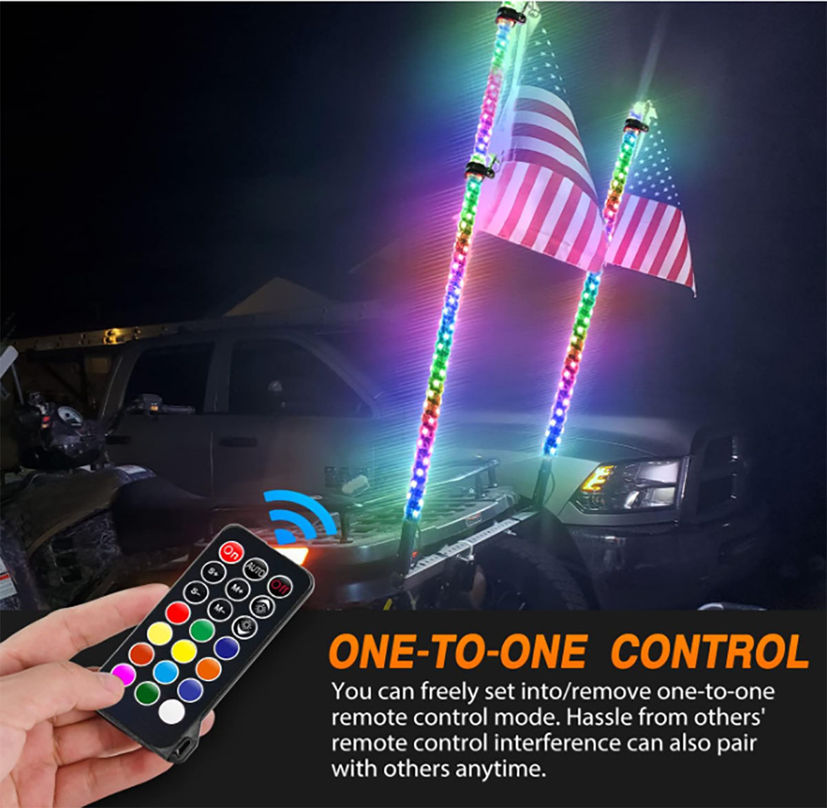 Honrise 2PCS 4FT Spiral RGB LED Whip Light Chasing Light RF Remote Control Lighted Antenna for Can-am ATV UTV RZR