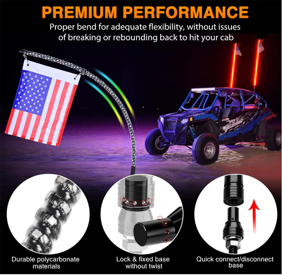 Honrise 2PCS 5FT RGB LED Whip Light Chasing Patterns Stop Turn Reverse Safety Antenna for ATV UTV RZR Can-am Dune Buggy Je