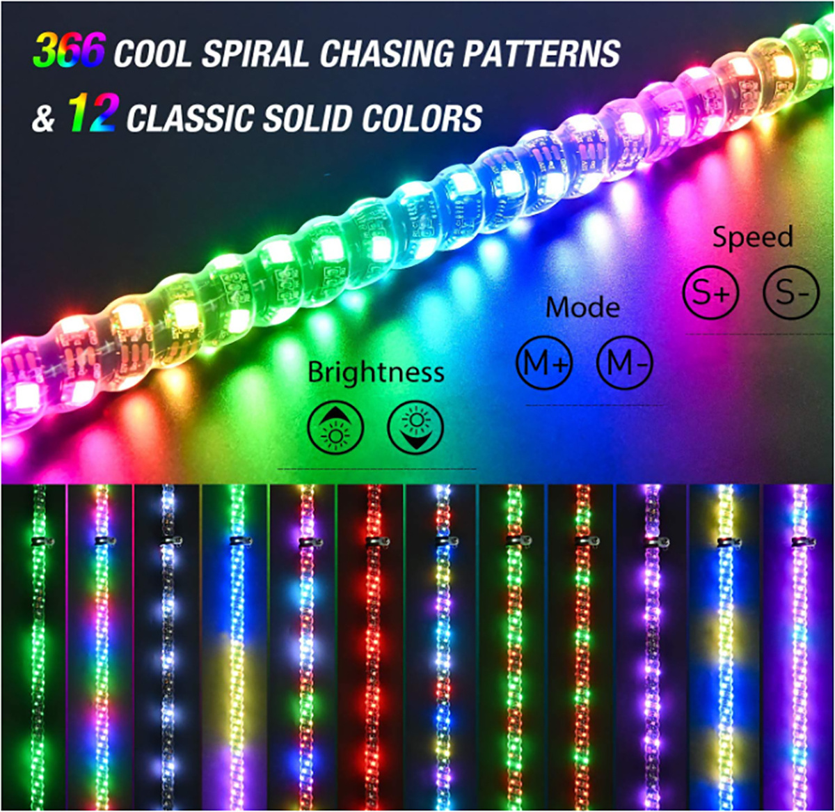 Honrise 2PCS 3FT Spring Base Chasing Light Spiral RGB Led Whip Light with  RF Remote Control for ATV UTV Offroad Truck