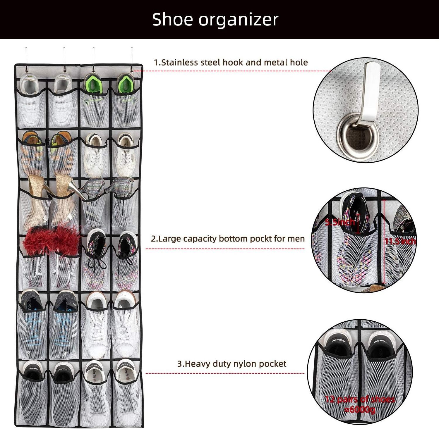 Factory Hanging Shoe Organizer, Over The Door Shoe Organizer with 24 Pockets and hooks Folding Adjustable Storage Shoe