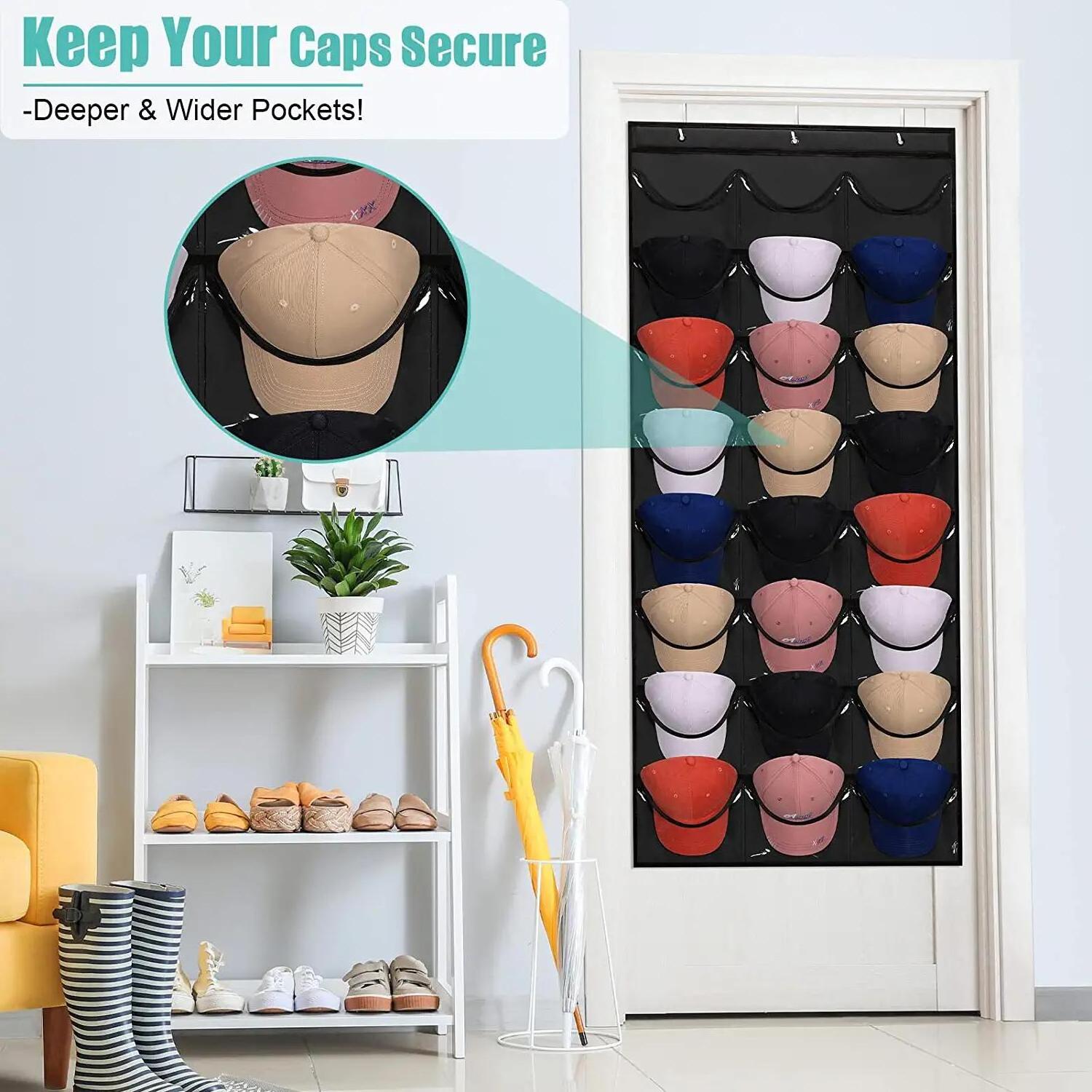 High Quality Hat Racks  Hat Organizer for Baseball with 24 Clear Deep Pockets for Wall/Door Complete with Over Door Hooks