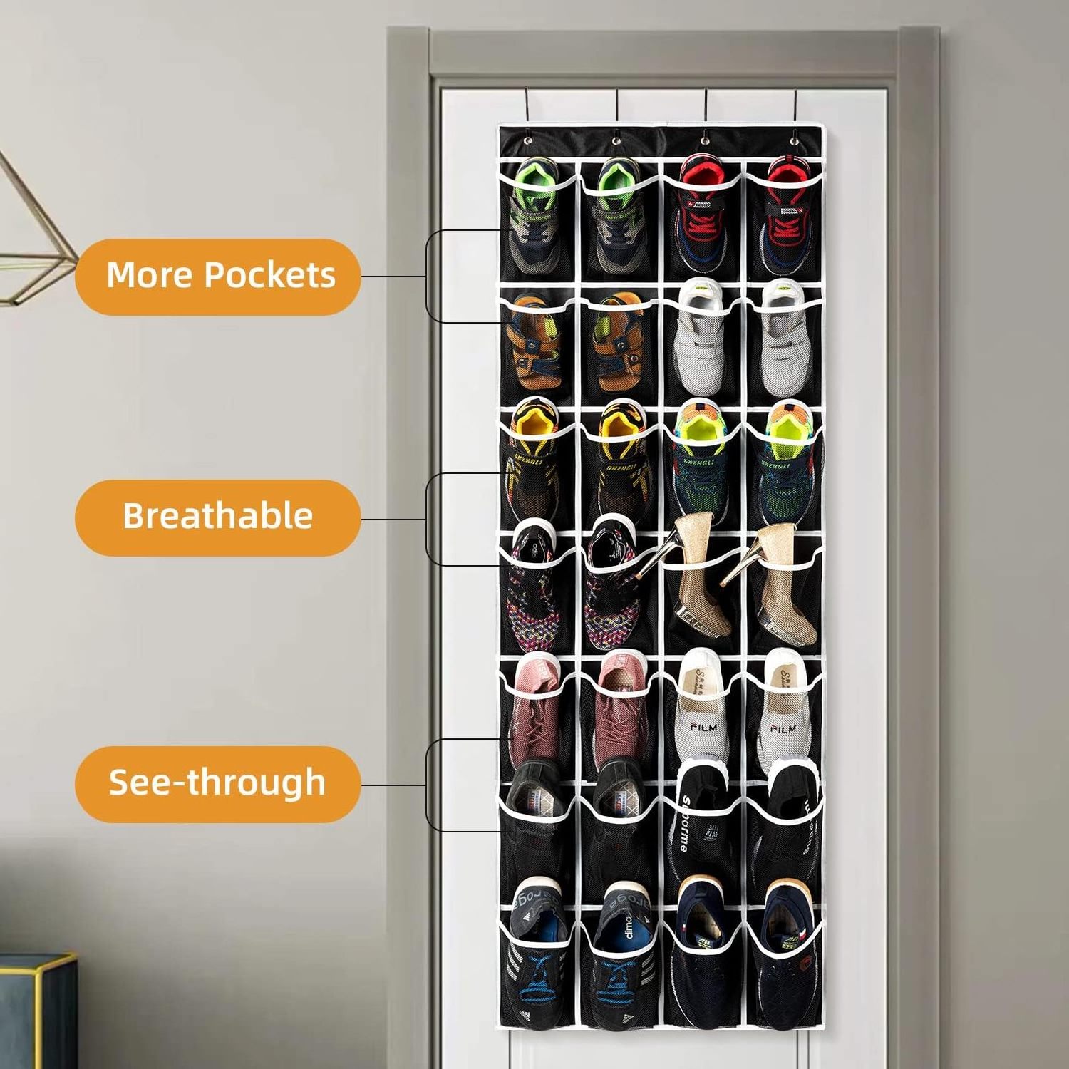 28 Pockets Over the Door Shoe Organizer Hanging Shoe Organizer for Door Large Capacity Shoe Storage Bag with 4 Metal Hooks