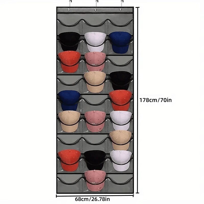 27 Pocket Hanging Hat Organizer with 3 Metal Iron Hooks Cloth Bag Door-Mounted Wardrobe Space Cap Storage Organizer Hat Rack