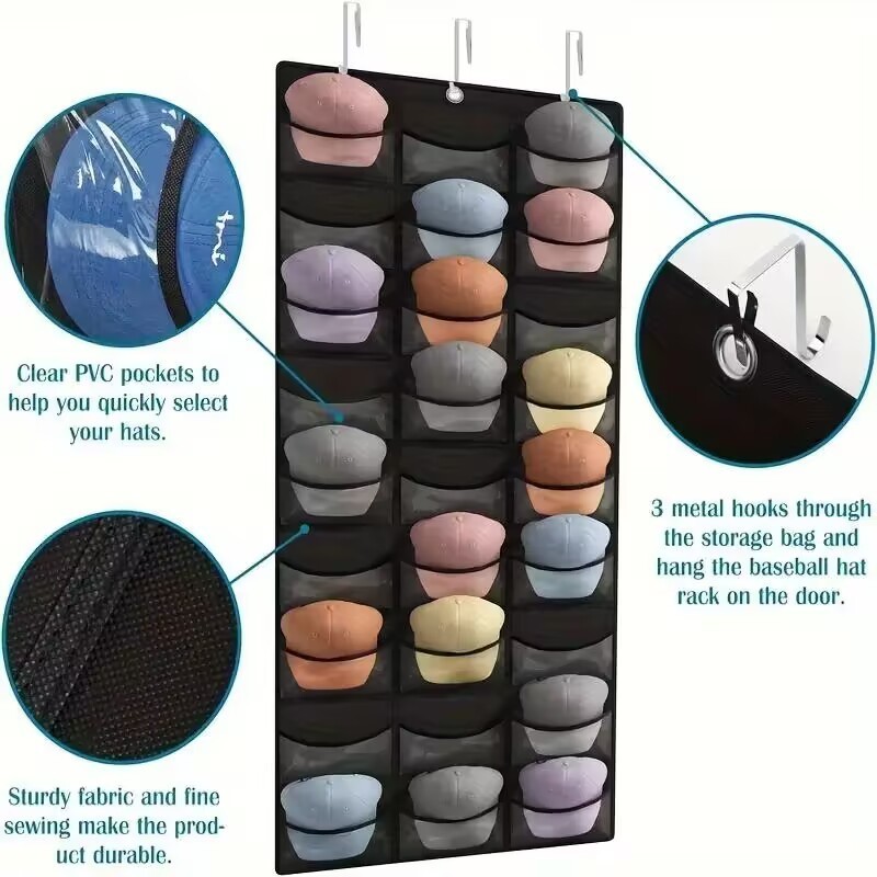 27 Pocket Hanging Hat Organizer with 3 Metal Iron Hooks Cloth Bag Door-Mounted Wardrobe Space Cap Storage Organizer Hat Rack