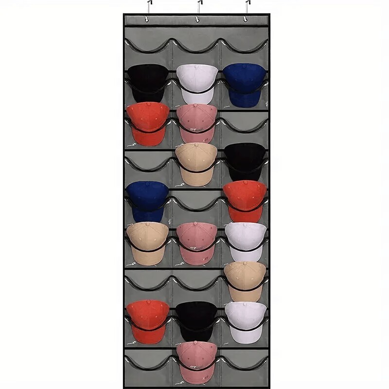 27 Pocket Hanging Hat Organizer with 3 Metal Iron Hooks Cloth Bag Door-Mounted Wardrobe Space Cap Storage Organizer Hat Rack