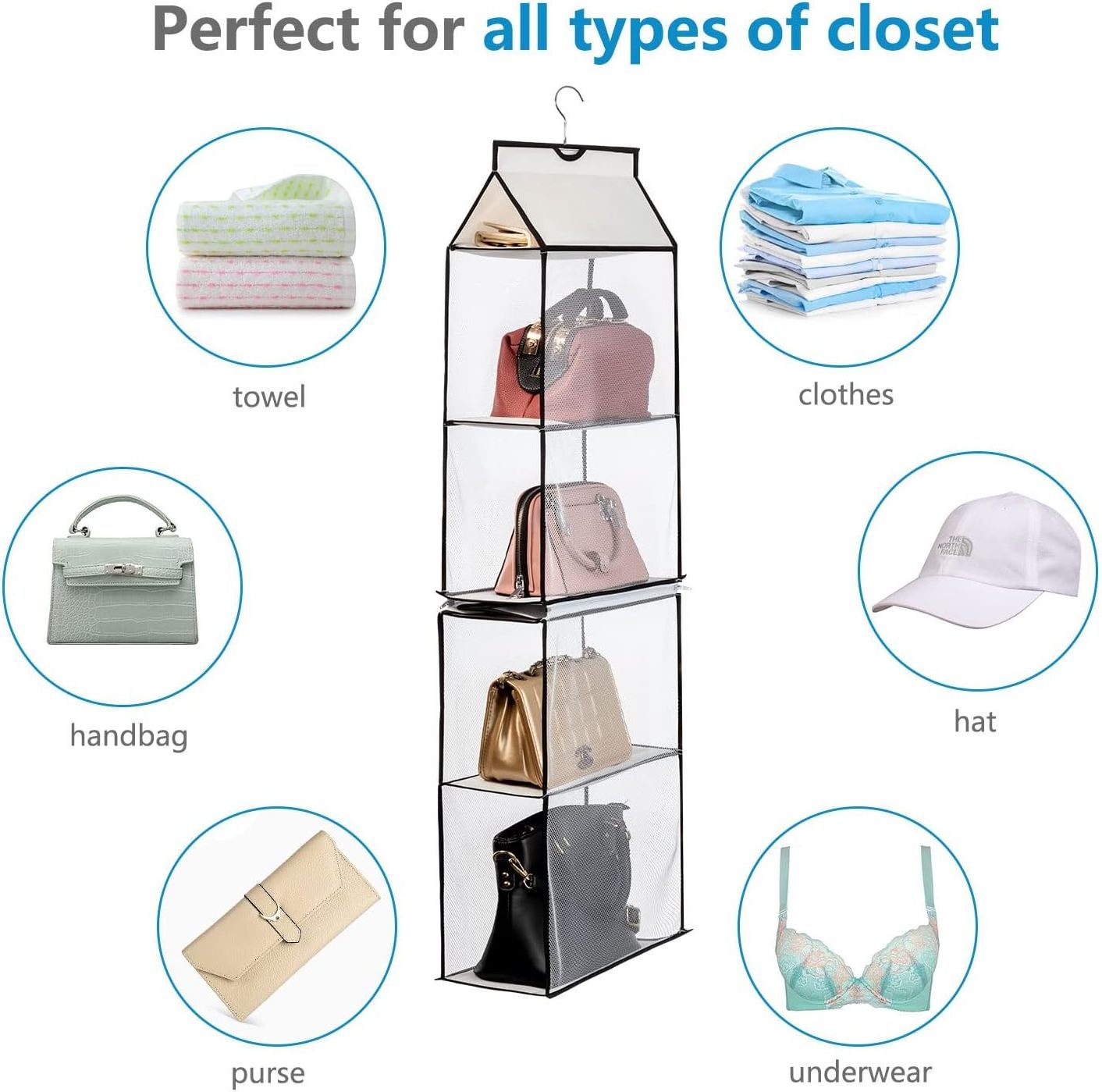 Factory Hanging Handbag Purse Organizer for Closet with 4 Heavy-Duty Mesh Shelves Purse Storage Bag  Closet Purse Organizer