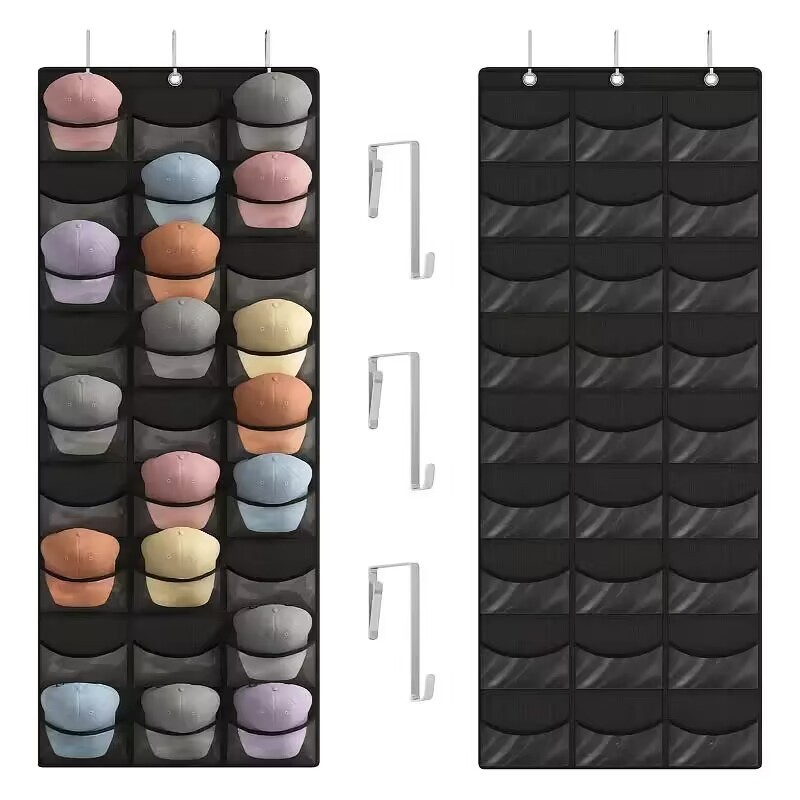 27 Pocket Hanging Hat Organizer with 3 Metal Iron Hooks Cloth Bag Door-Mounted Wardrobe Space Cap Storage Organizer Hat Rack