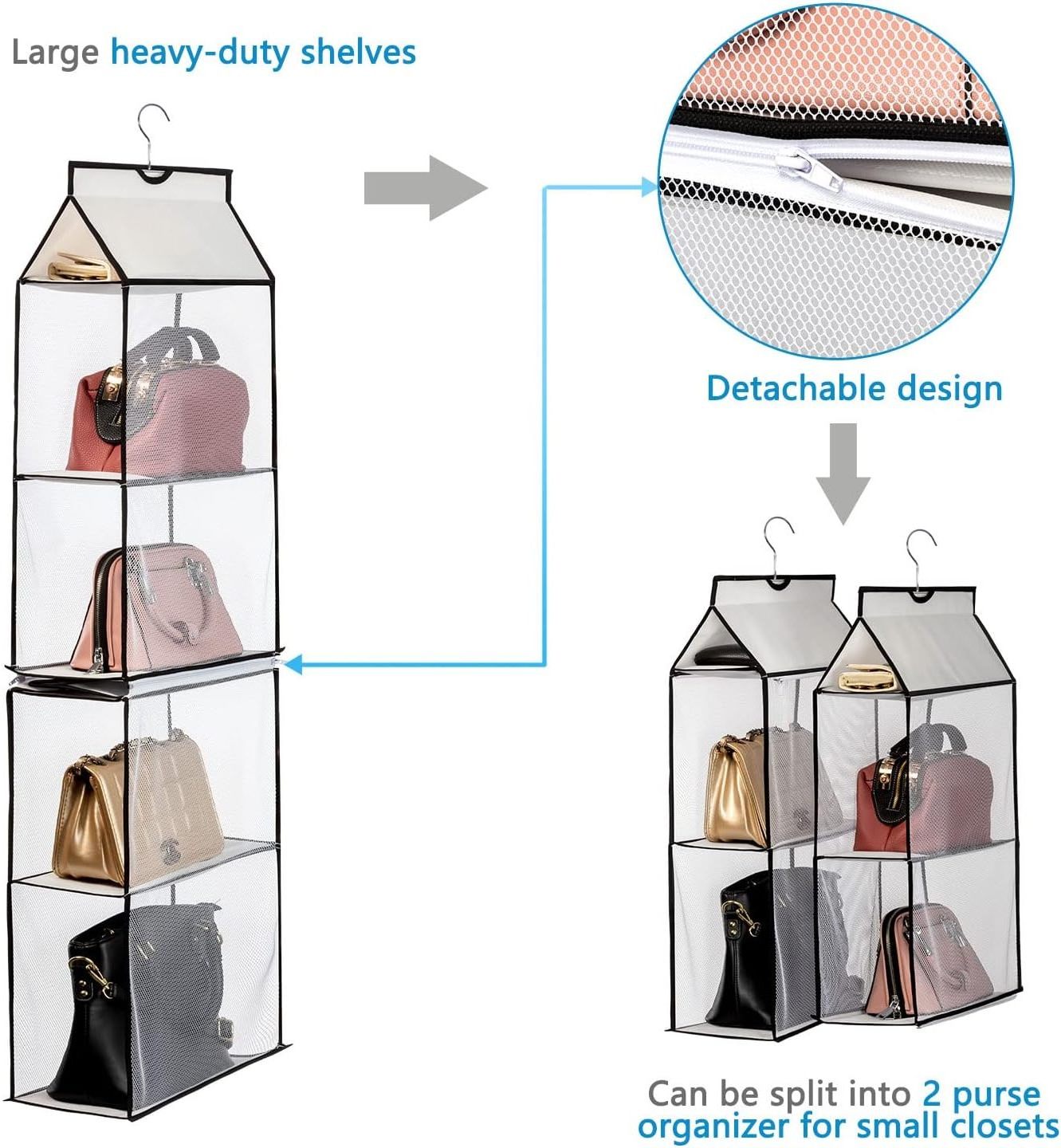 Factory Hanging Handbag Purse Organizer for Closet with 4 Heavy-Duty Mesh Shelves Purse Storage Bag  Closet Purse Organizer