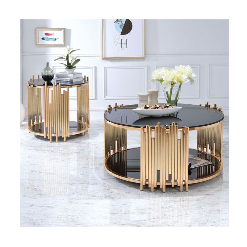 Luxury living room furniture mirrored coffee table stainless steel smart black glass coffee table with stainless steel frame