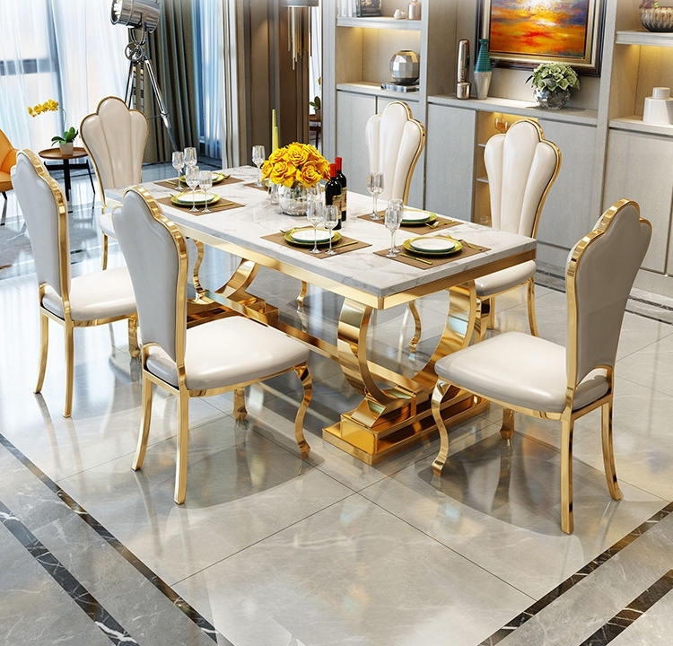 Modern marble dining table set luxury gold marble dining table set with stainless steel table base