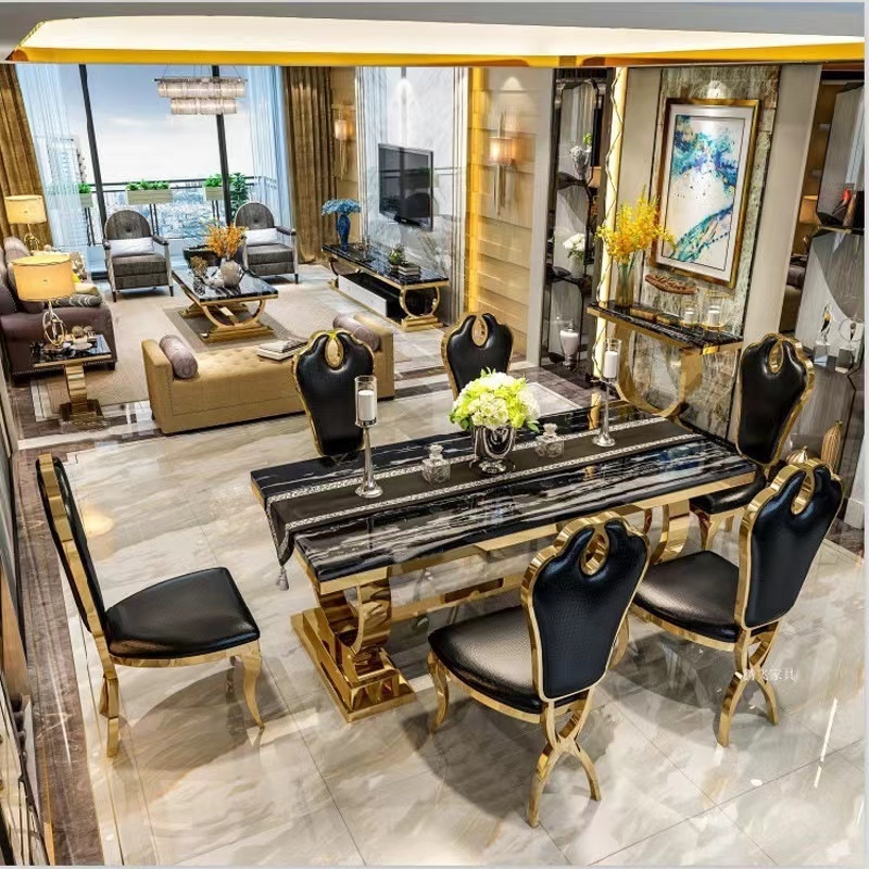 Modern marble dining table set luxury gold marble dining table set with stainless steel table base