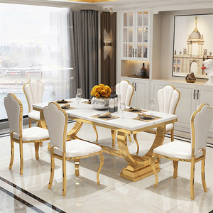 Modern marble dining table set luxury gold marble dining table set with stainless steel table base