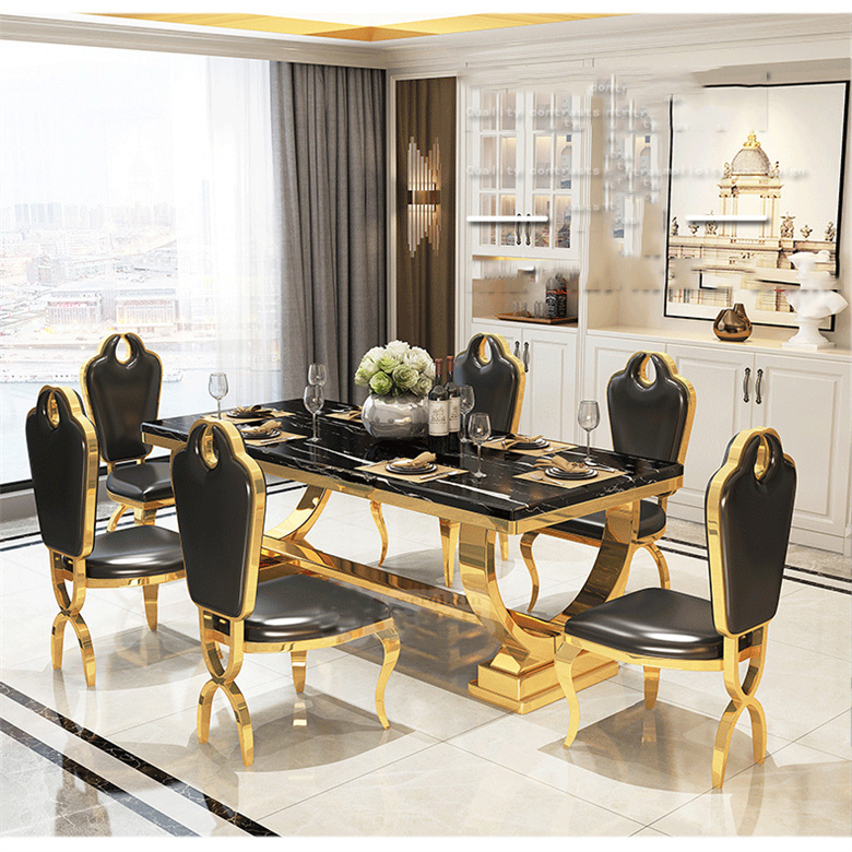 Modern marble dining table set luxury gold marble dining table set with stainless steel table base