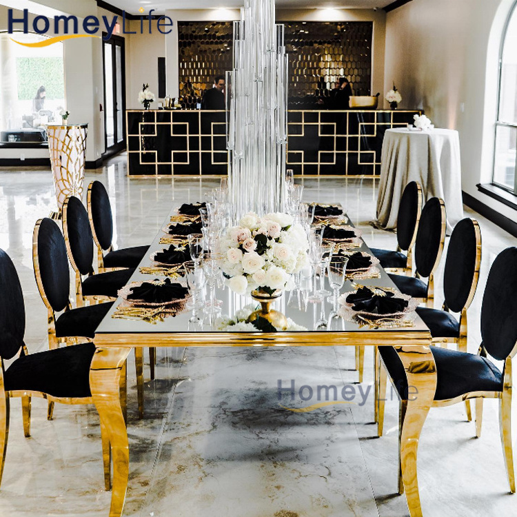 Luxury Hotel Restaurant glass or Marble wedding table 10 Seater golden stainless steel dining table sets