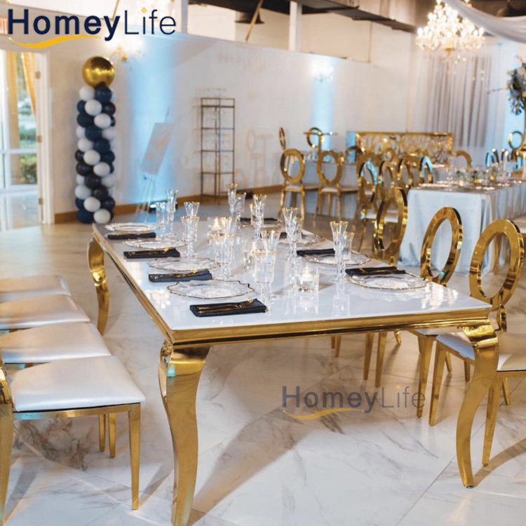 Luxury Hotel Restaurant glass or Marble wedding table 10 Seater golden stainless steel dining table sets