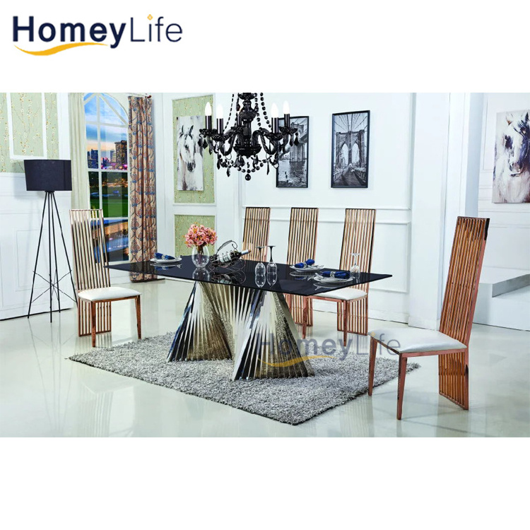 stainless steel heavy tube hotel wedding furniture round shape black clear 12mm tempered glass dining table