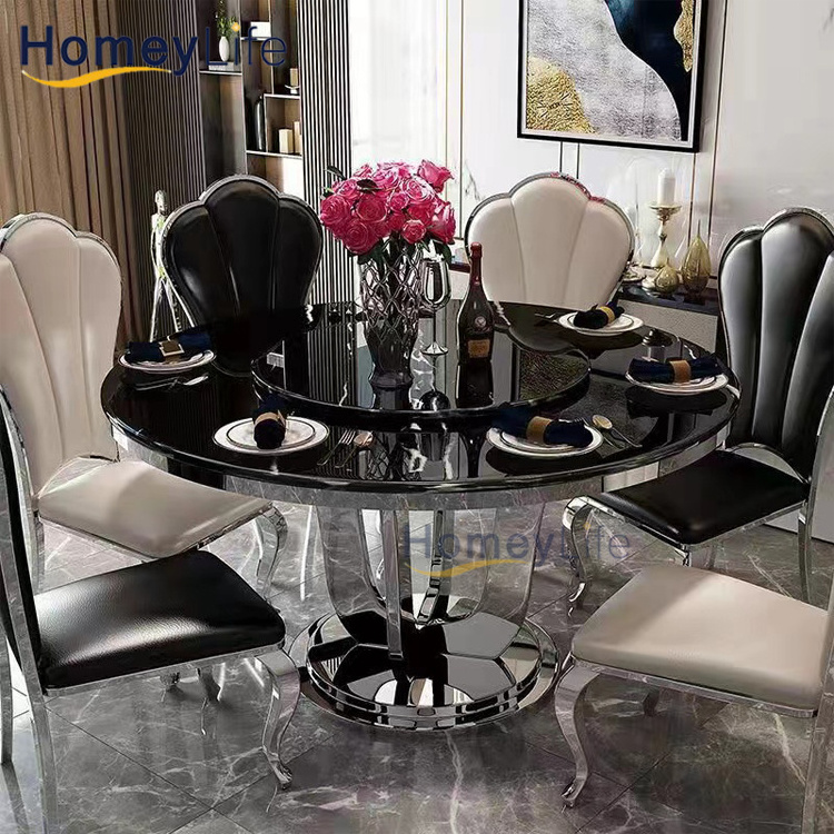 stainless steel heavy tube hotel wedding furniture round shape black clear 12mm tempered glass dining table