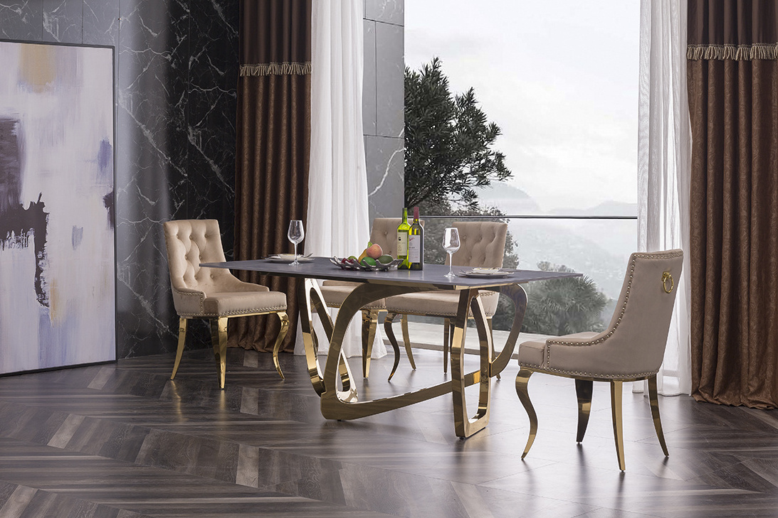 Double C design luxury gold glass dining table set 6 chairs diamond crystal dining table