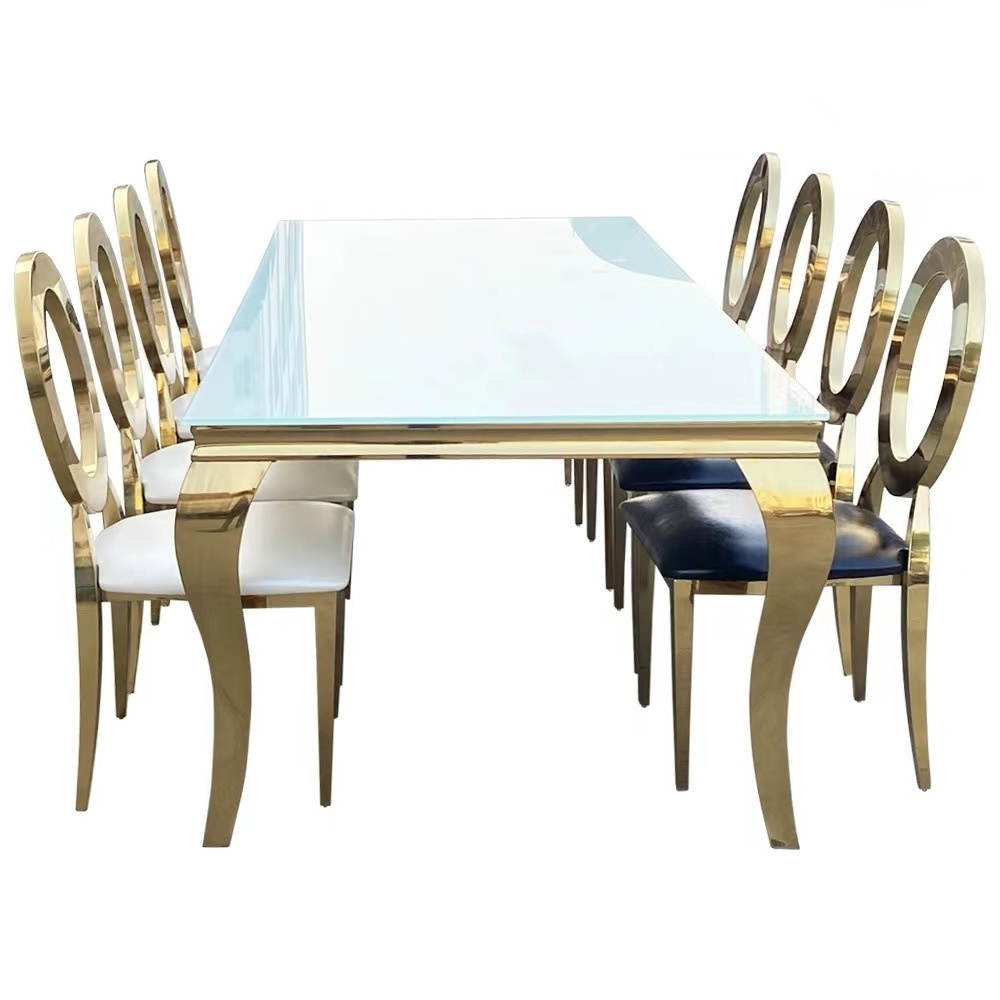 Modern fashionable popular tempered glass rectangle top decoration dining table