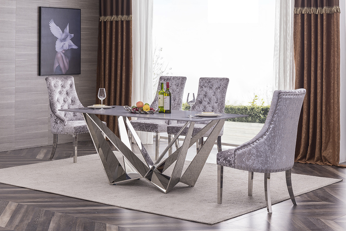 Double C design luxury gold glass dining table set 6 chairs diamond crystal dining table