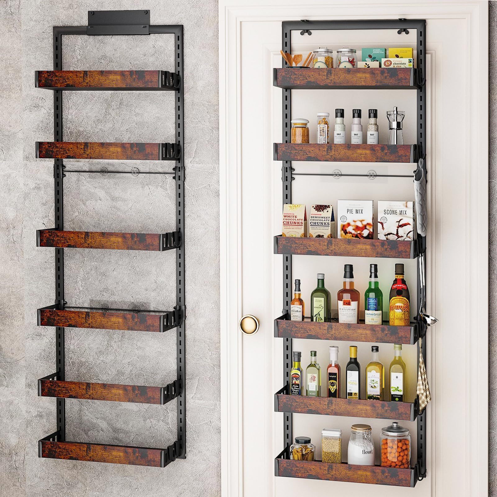 Over the Door Pantry Organizer 6-Tier Large Wall Mounted Storage Spice Rack Metal Adjustable Hanging Baskets for Pantry