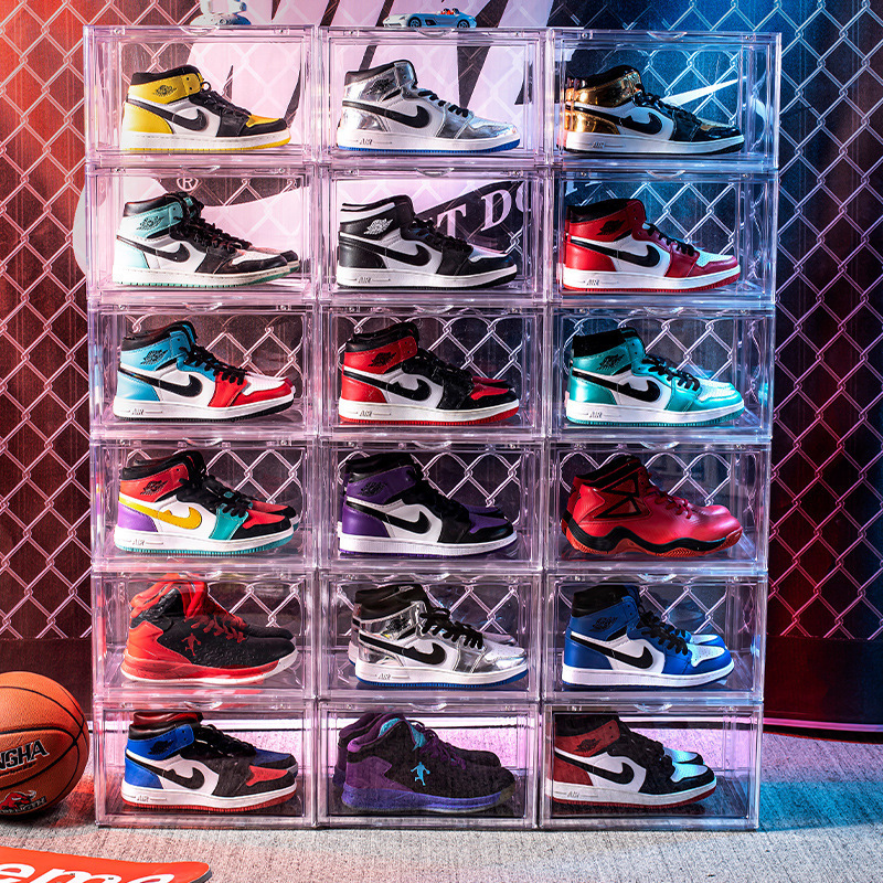 Stackable Easy to Install Magnetic Shoe Storage Box Drop Front Shoe Box with Magnetic Door Sneaker Display Shoe Case box