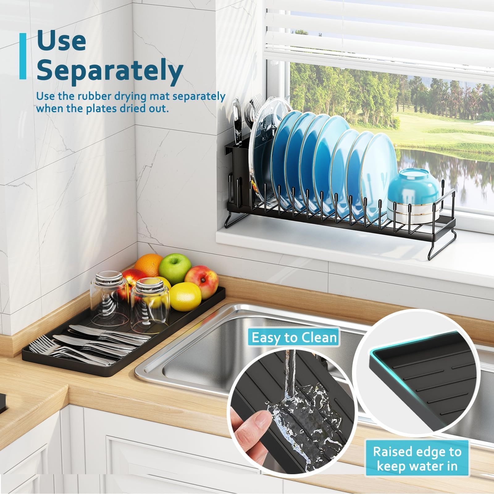 Compact Dish Drainer Rack with Silicone Dish Drying Mat for Kitchen Cabinet Space Saving Plate Rack Cutlery Holder