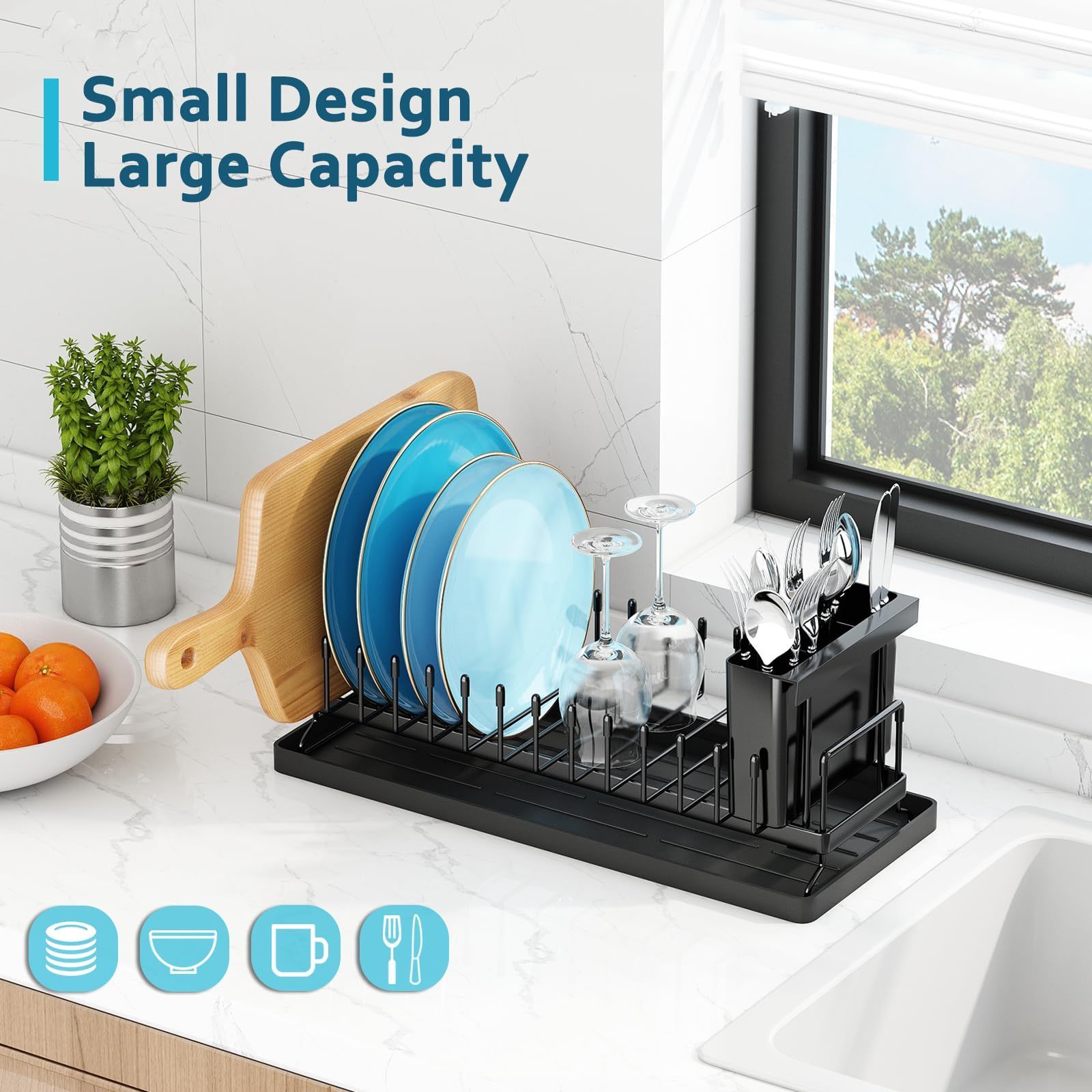 Compact Dish Drainer Rack with Silicone Dish Drying Mat for Kitchen Cabinet Space Saving Plate Rack Cutlery Holder