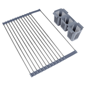 Stainless Steel Expandable 13''-22.83' 'Large Roll Up Over The Sink Dish Drying Rolling Dish Drainer Rack With Utensil Holder