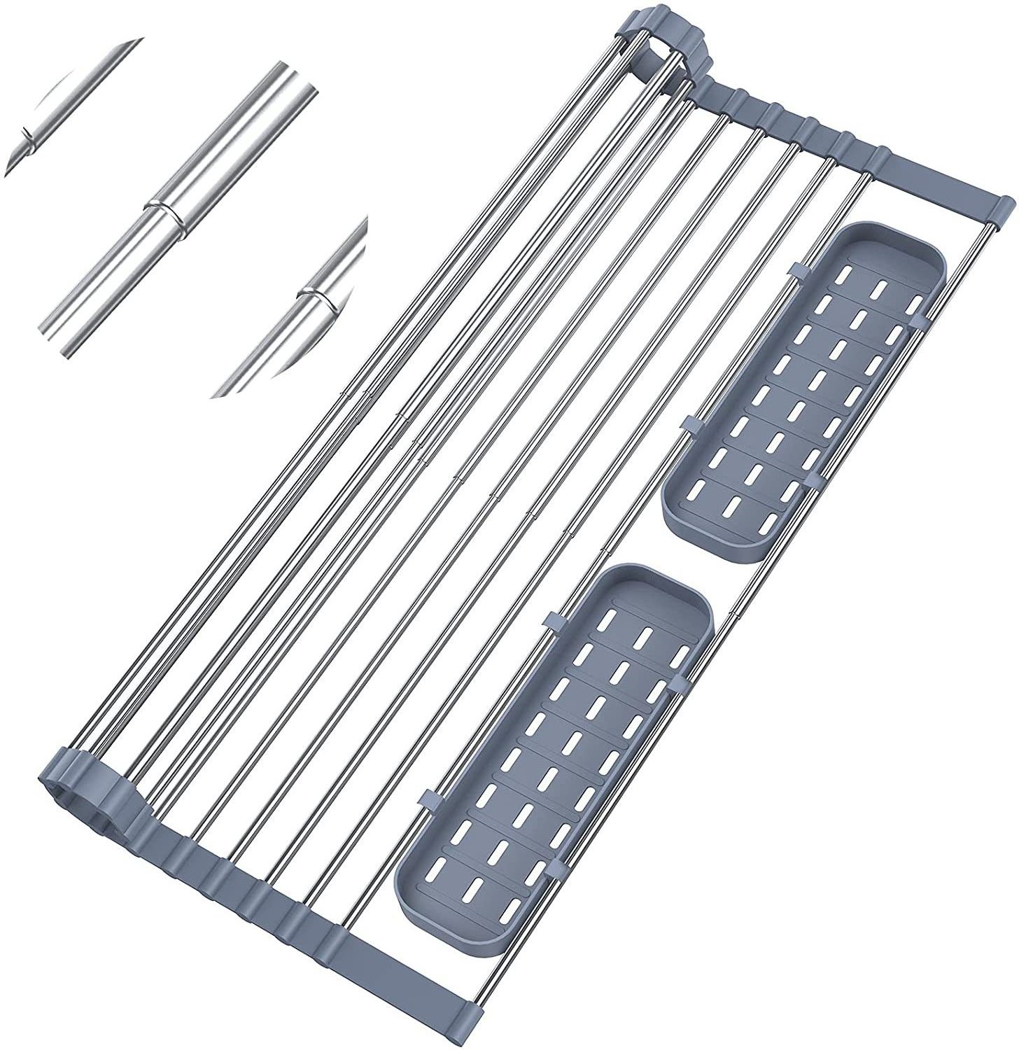 Stainless Steel Expandable 13''-22.83' 'Large Roll Up Over The Sink Dish Drying Rolling Dish Drainer Rack With Utensil Holder