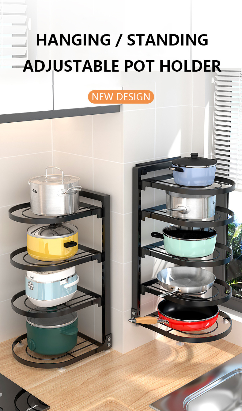 Adjustable Height Pot and Pan Organizer Rack for Under Cabinet Hevy Duty Kitchen Shelf Standing and Hanging Model