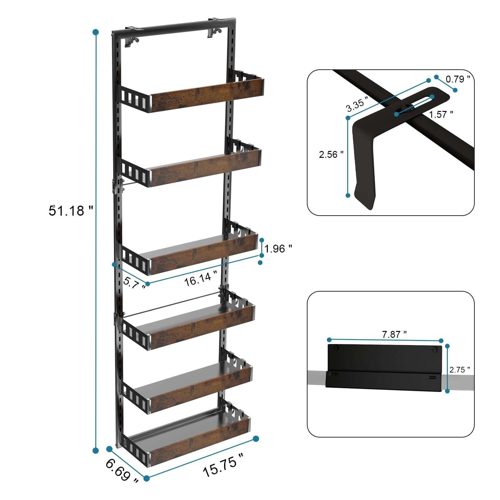 Over the Door Pantry Organizer 6-Tier Large Wall Mounted Storage Spice Rack Metal Adjustable Hanging Baskets for Pantry