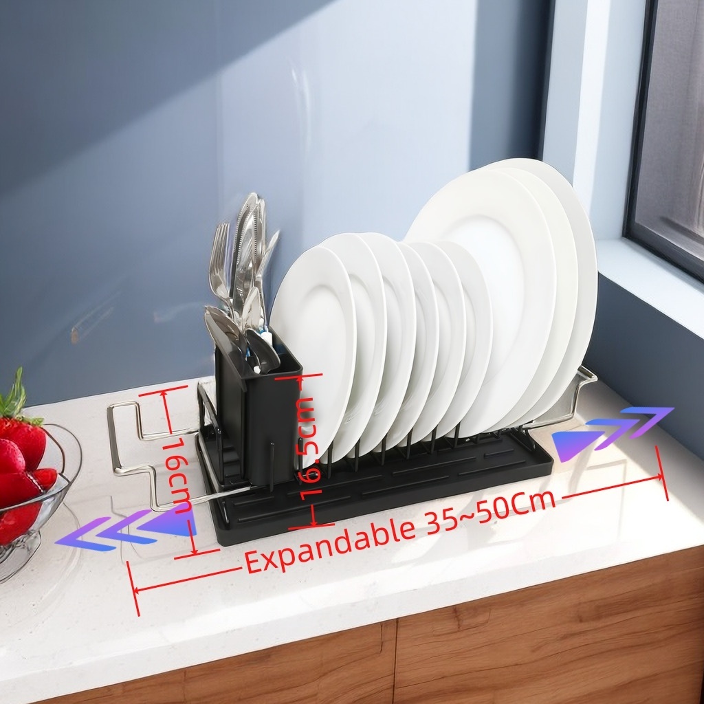 Compact Expandable Dish Drainer Kitchen Stand with Silicone Tray Plate Drying Rack With Cutlery Holder