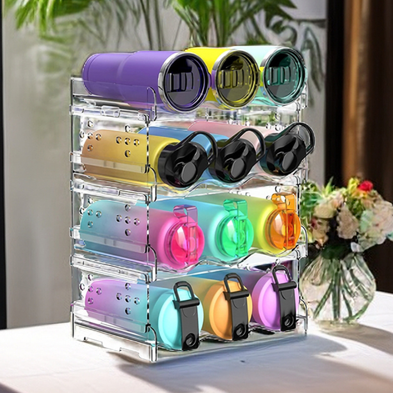 3-4 Tiers Water Bottle Organizer for Cabinet 9-12 Bottle Holder Stackable Can Holder Thermos Storage Organizer