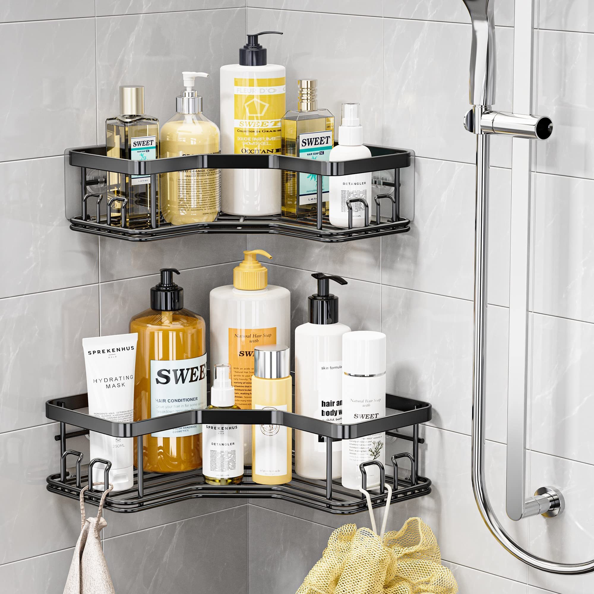 Stainless Steel Shower Organizer Bathroom Corner Caddy with 8 Hooks Adhesive Soap Shelves Storage Holder