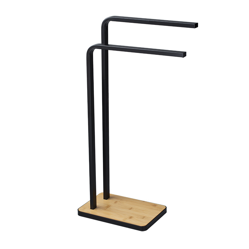 New Black Bath Towel Stand Tower Holder With Two Arms Hand Free Standing Bathroom Wooden Bamboo Towel Rack